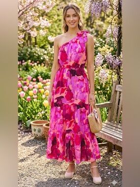 PRETTYGARDEN One-Shoulder Rose Red Floral Tiered Maxi Dress Women’s Size S